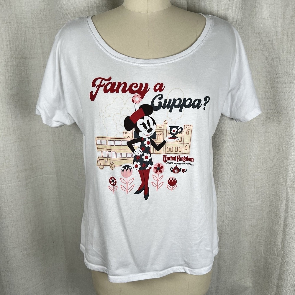 2024 Disney Parks Epcot World Showcase Minnie Mouse UK Fancy A Cuppa Shirt Large